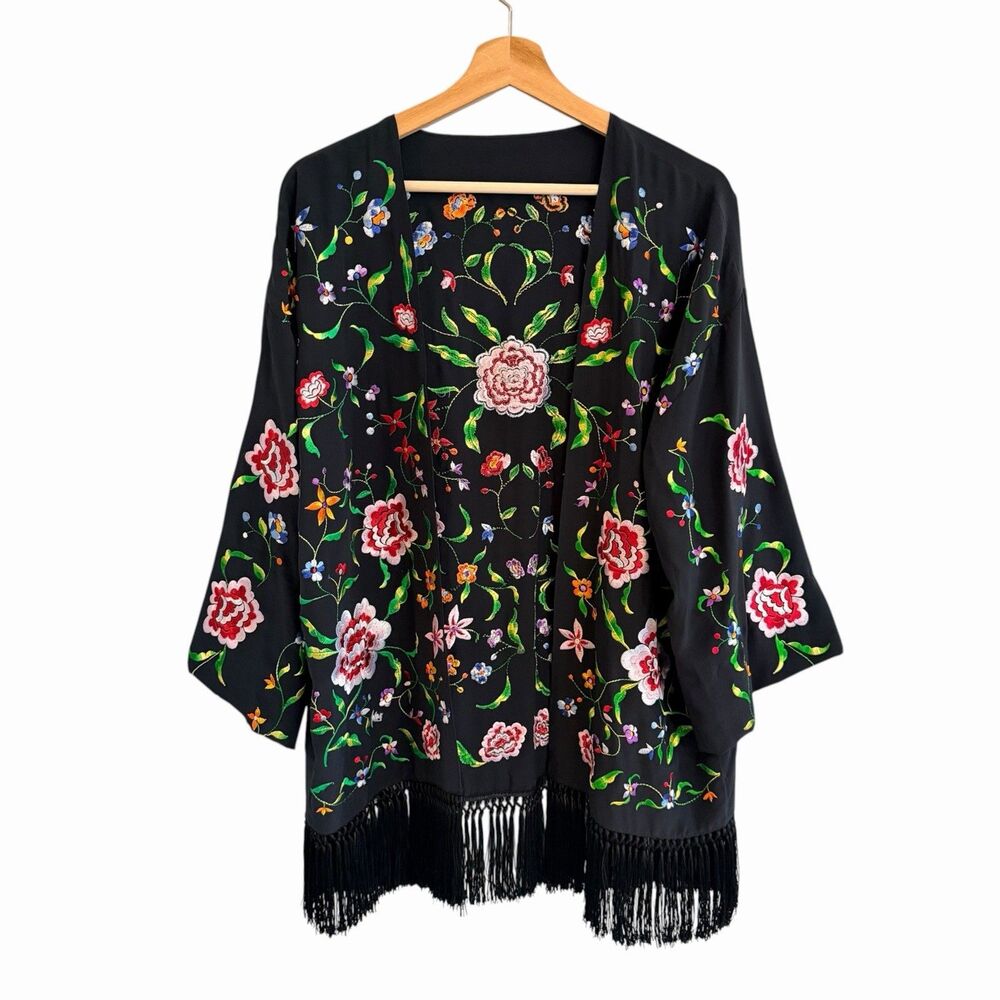 Boho Whimsigoth Black Floral Embroidered Kimono Cardigan Fringe Witchy Festival